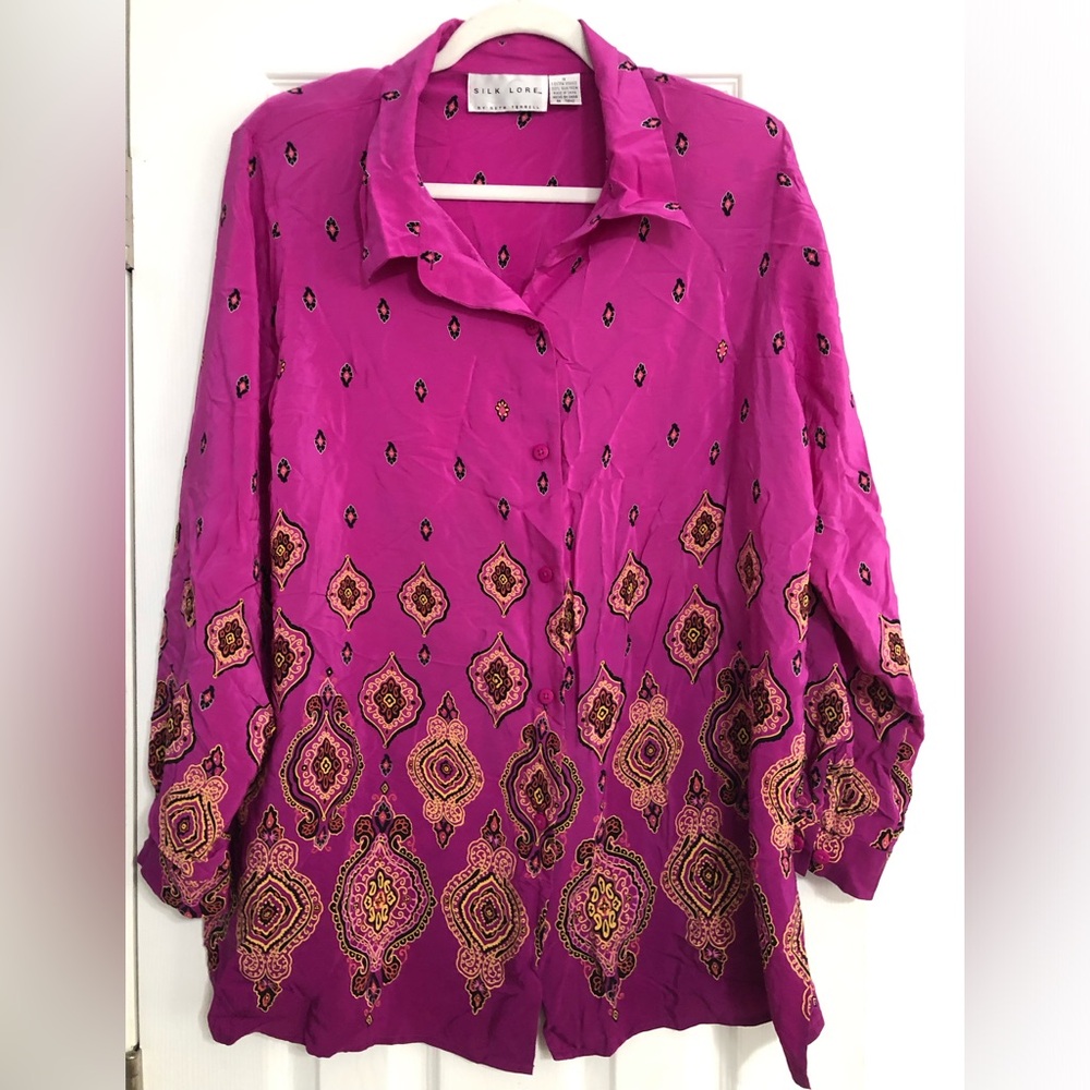 Silk Lore pink 100% silk graphic paisley print button down shirt women’s size 1X
